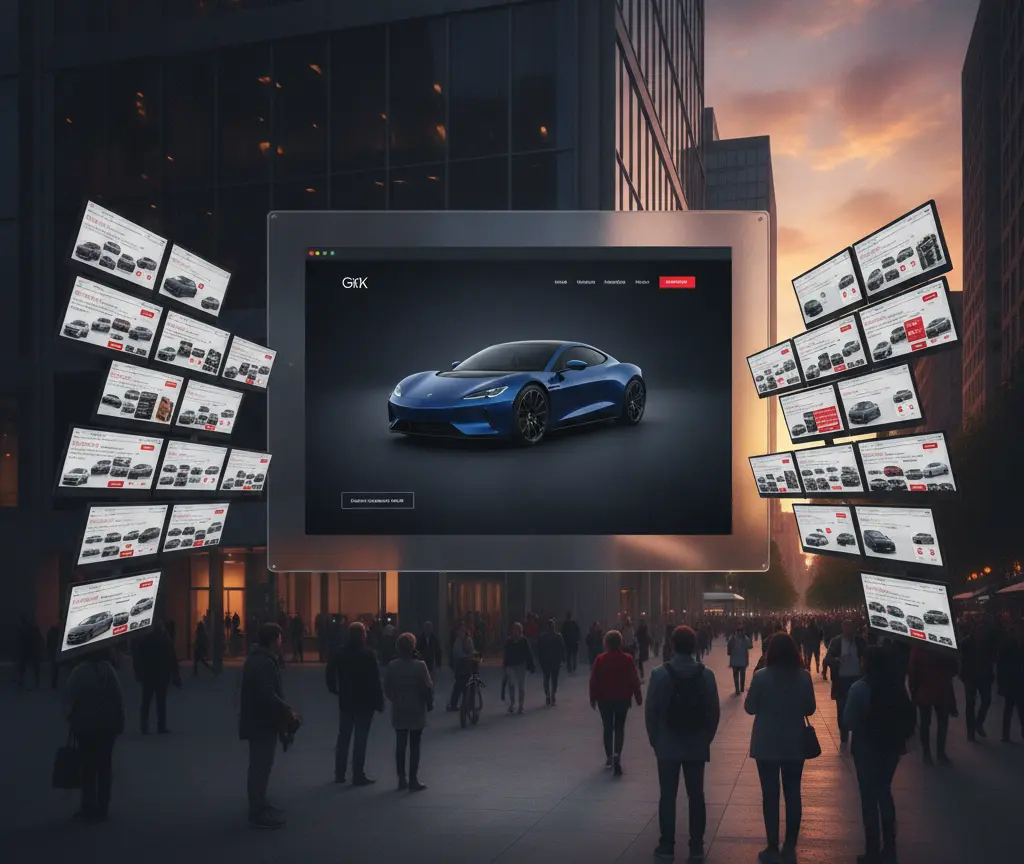 Una gran pantalla digital que muestra un coche deportivo azul flota sobre una multitud de personas en una plaza de la ciudad al atardecer, rodeada de pantallas más pequeñas.