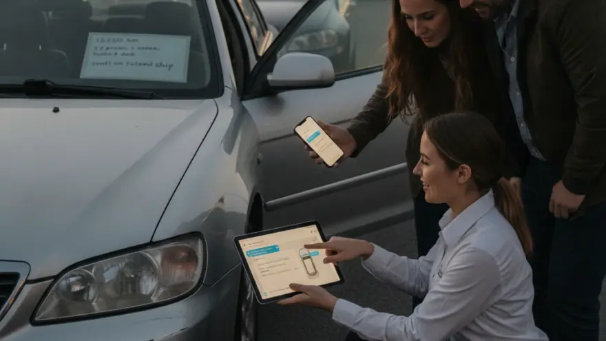 Una vendedora agachada muestra una tableta a una pareja que observa junto a un coche plateado en un concesionario exterior al atardecer.