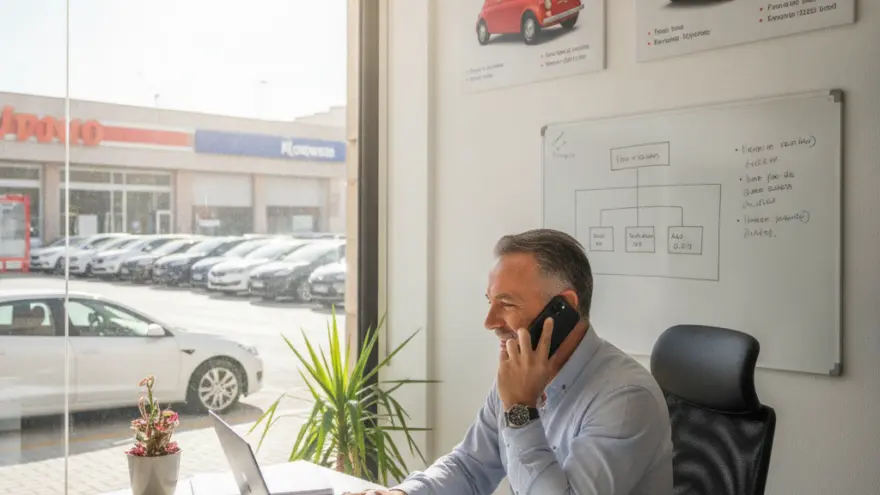 Un hombre sentado en su escritorio habla por teléfono móvil mientras usa una computadora portátil frente a un ventanal con vista a un estacionamiento de autos.