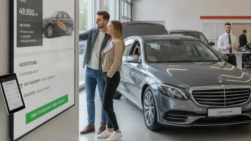 Es Paar staht inere Autohalle und luegt sich d Informatione uf eme grosse Bildschirm näbed eme graue Auto a.