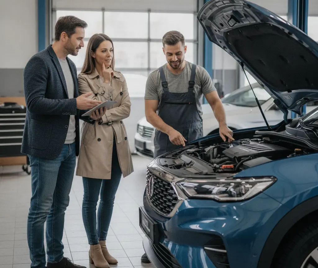 En Mechaniker im Blaumann zeigt eme Paar de offnig Motorruum voneme blaue Auto inere Werkstatt.