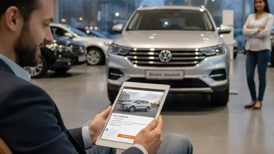 Ein Mann im Anzug sitzt in einem Sessel und betrachtet ein Tablet mit einem Auto-Inserat, während im Hintergrund ein silberner SUV und eine stehende Frau in einem Autohaus zu sehen sind.