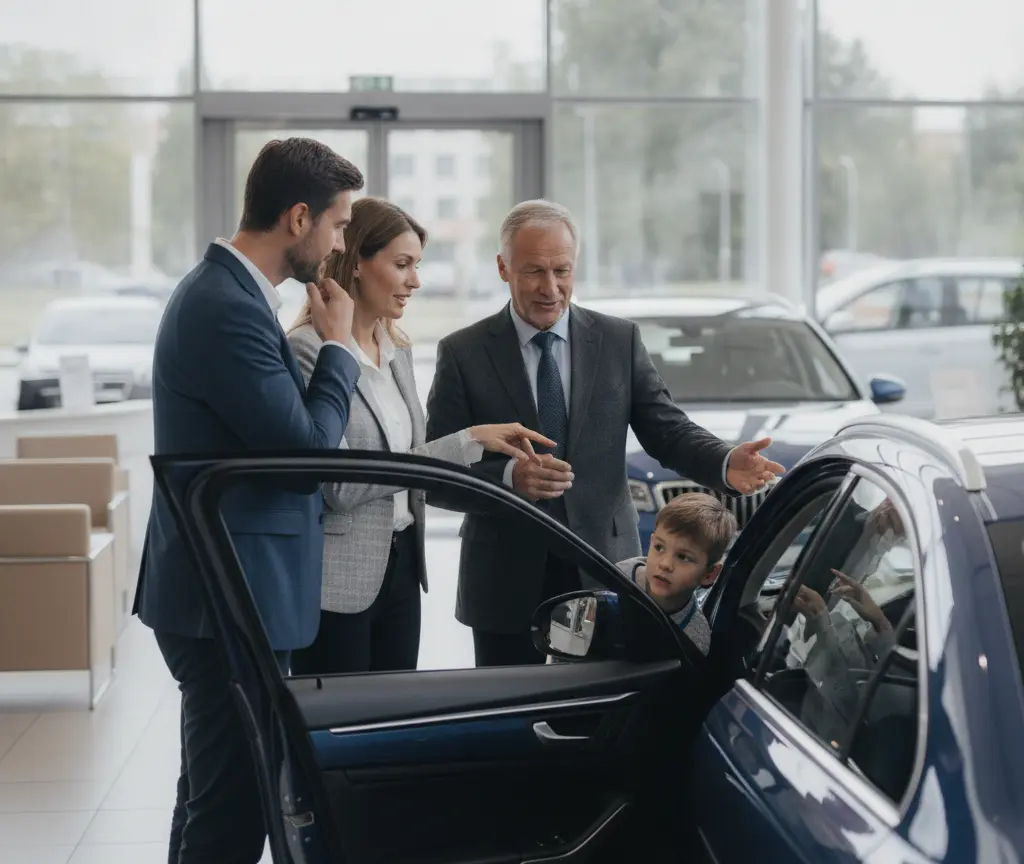 Ein Autoverkäufer im Anzug berät eine Familie mit einem kleinen Jungen in einem hellen Autohaus neben einem blauen Auto mit geöffneter Tür.