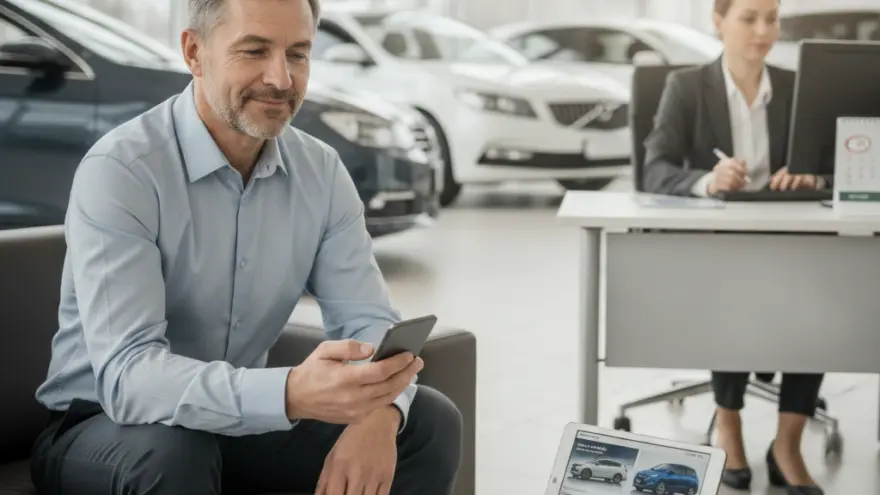 Ein lächelnder Mann sitzt auf einem Sofa in einem Autohaus und blickt auf sein Smartphone, während im Hintergrund eine Mitarbeiterin am Schreibtisch arbeitet.