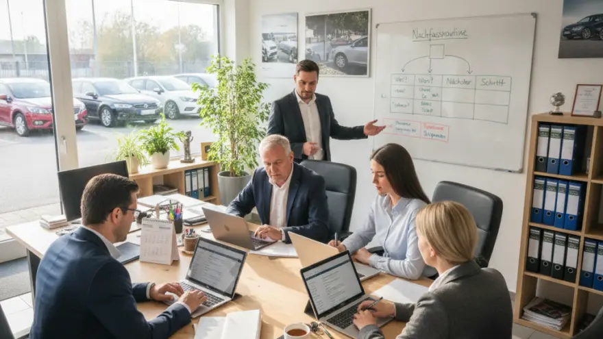 Füf Lüt im Gschäftsazug sitzed und stönd ineme Büro um en Holztisch mit Laptops, während ein Ma vor emne Whiteboard referiert.