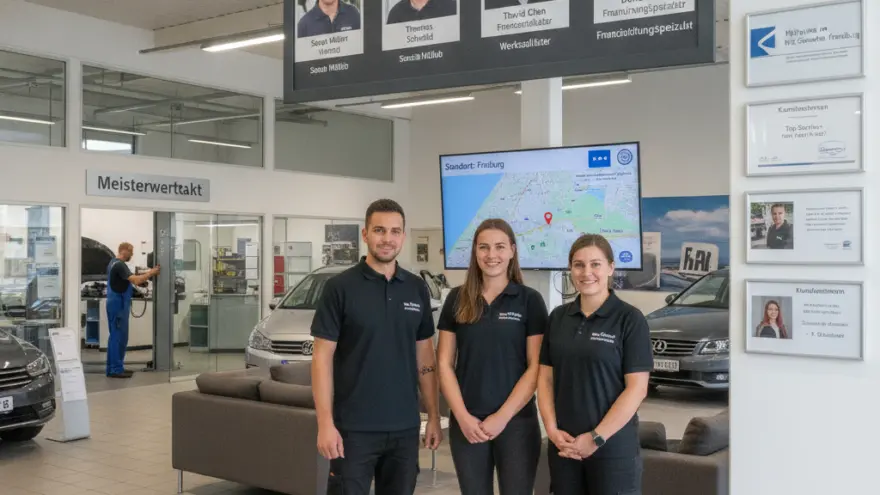 Drei lächelnde Mitarbeiter in dunkler Arbeitskleidung stehen in einem hellen Autohaus vor Sofas und Autos.