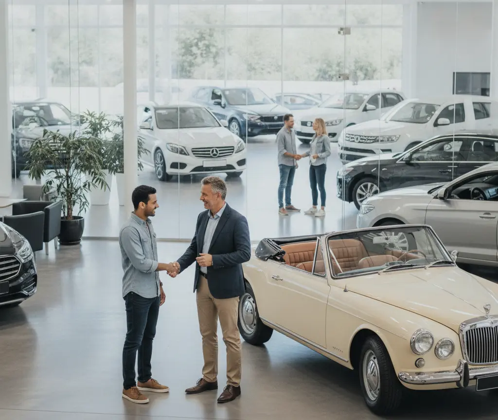 Zwei Männer geben sich in einem Autohaus neben einem beigen Cabriolet die Hand, während im Hintergrund weitere Autos und Personen zu sehen sind.