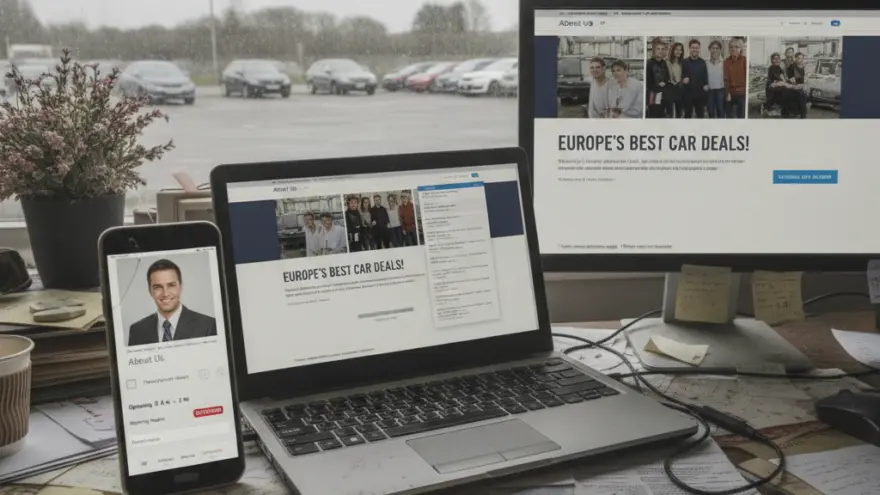 En Laptop, en Bildschirm und es Smartphone zeiged e Website über Auto-Deals ufeme Schriibtisch voreme Fänschter mit Blick uf en Parkplatz.