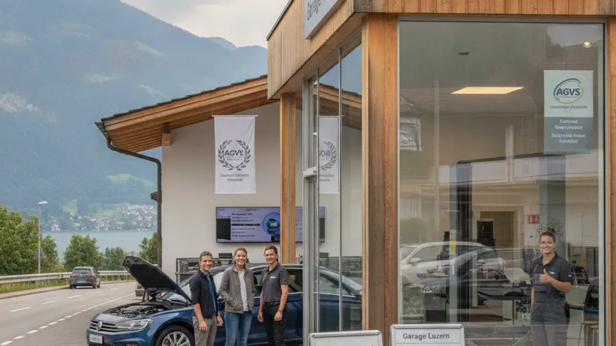 Drei Persone stönd vor eme blaue Auto mit offener Motorhube näbed eme Garagegebäu mit Holzfassade und ere Person im Showroom.