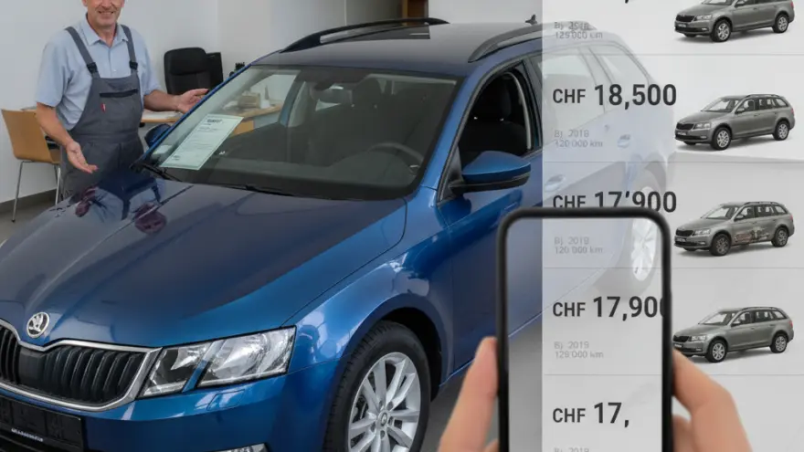 En Automechaniker staht näbed eme blaue Auto inere Garage, während im Vordergrund öpper es Smartphone mit Priisvergliich-Aazeige davorhebt.