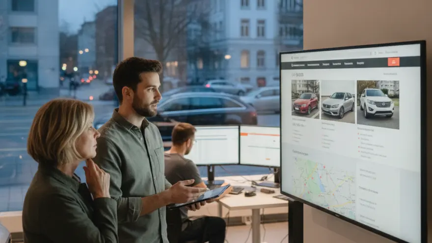 En Verkäufer zeigt ere Chundin verschideni Auto-Modäll uf eme grosse Bildschirm in eme Autohuus.