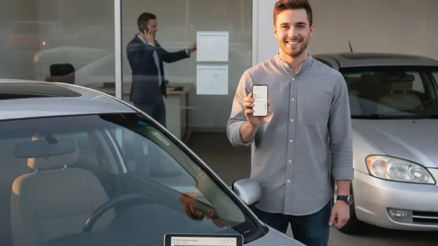 Un uomo sorridente mostra uno smartphone accanto a due auto grigie, con un tablet e dei documenti appoggiati sul cofano di una di esse.