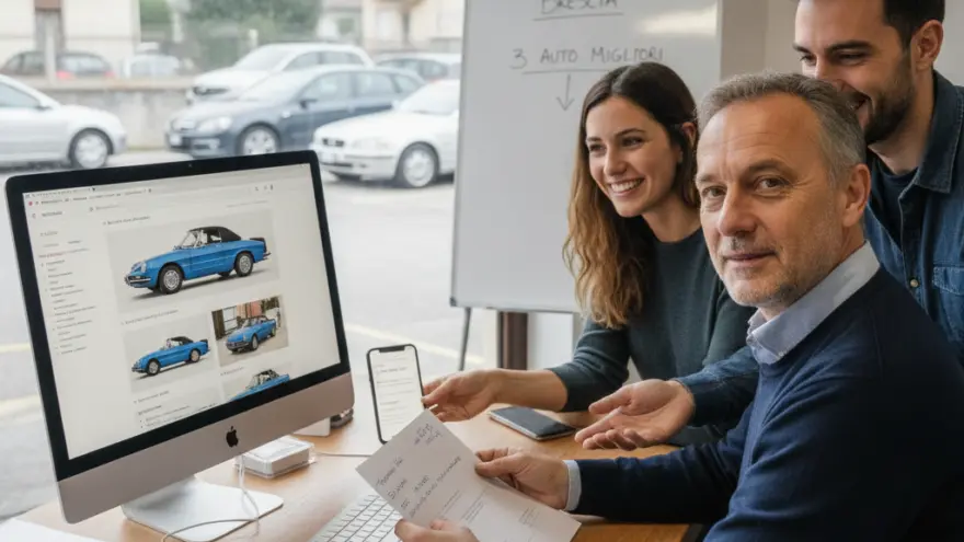 Tre persone sorridenti sedute a una scrivania in un ufficio guardano lo schermo di un computer che mostra immagini di auto d'epoca blu.