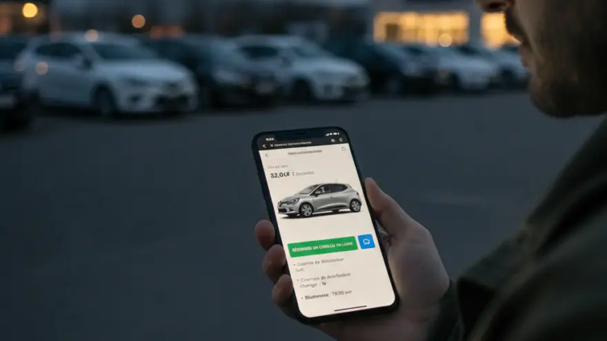 Un homme de profil regarde son smartphone affichant une annonce de voiture d'occasion devant un parc de véhicules flouté en arrière-plan.