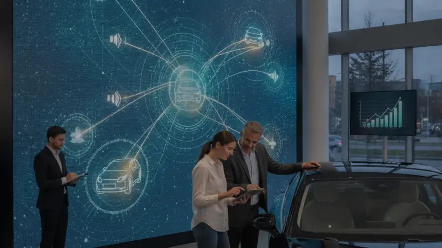 Ein Mann und eine Frau betrachten ein Tablet neben einem schwarzen Auto in einem Showroom vor einer großen digitalen Wand mit Netzwerkgrafiken.