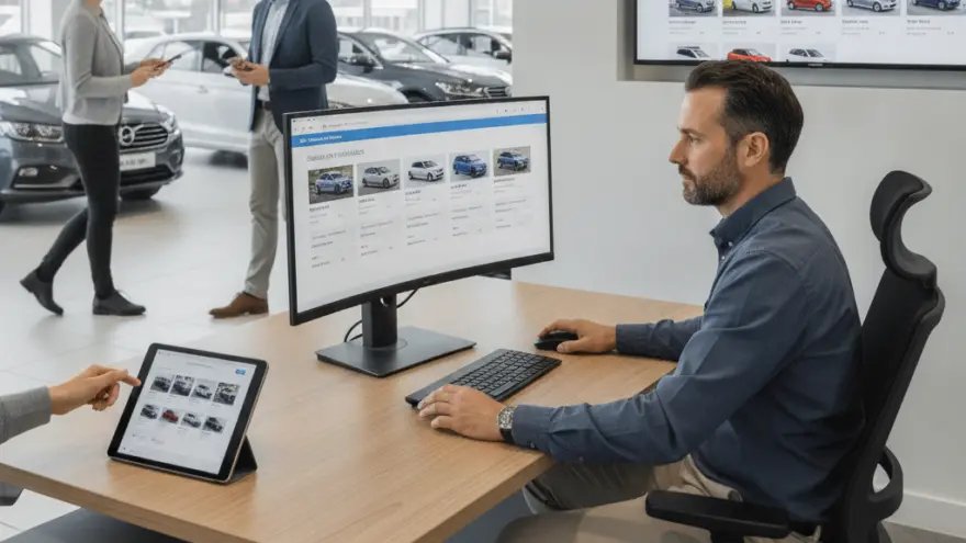 Een man zit achter een bureau in een showroom en kijkt naar een computerscherm met auto-afbeeldingen, terwijl op de achtergrond andere mensen bij auto's staan.