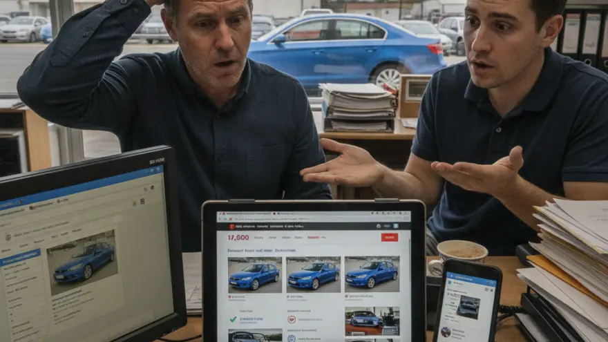 Twee verbaasde mannen kijken naar een laptop en een computerscherm met afbeeldingen van blauwe auto's op een bureau.