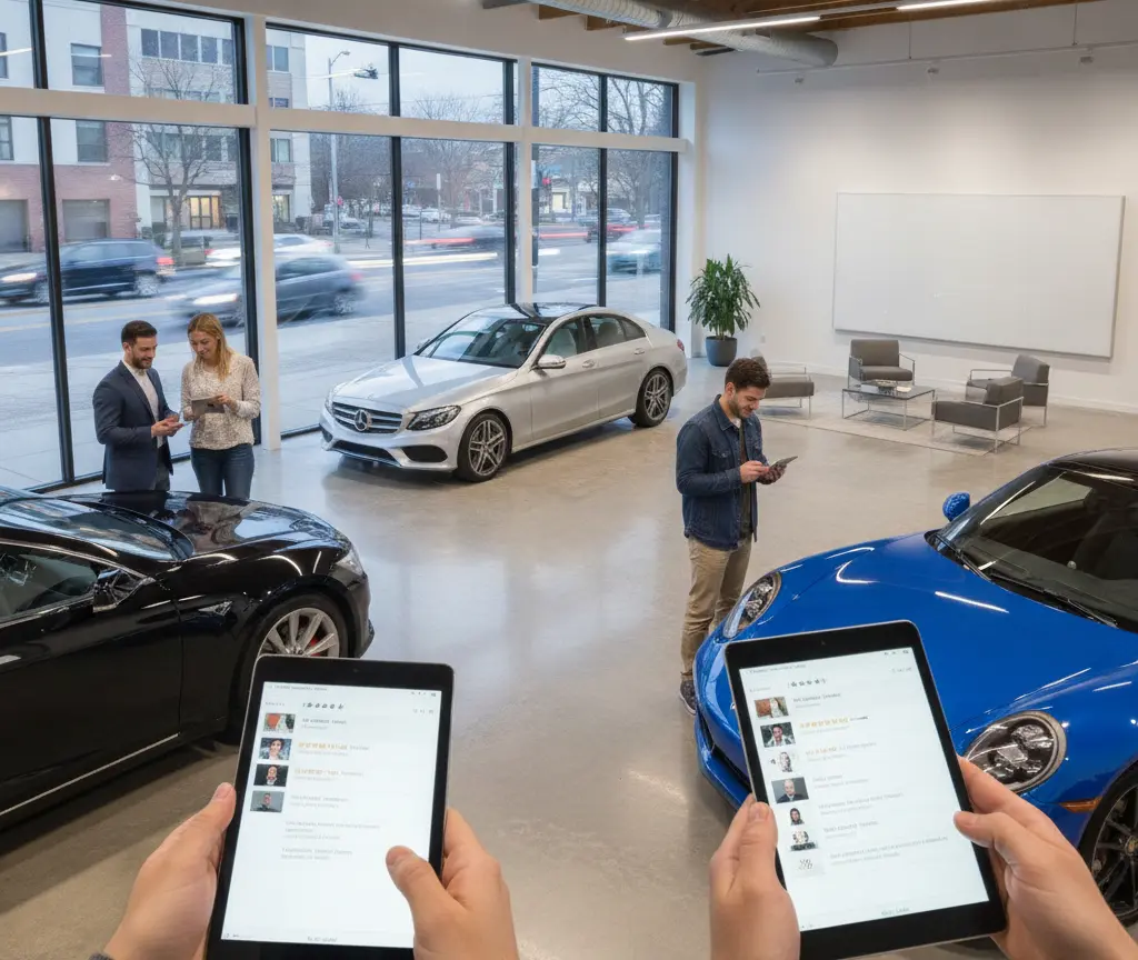Zwei Händ, wo Tablets hebed, im Vordergrund vonere Autoverchaufshalle mit Autos und Lüt.