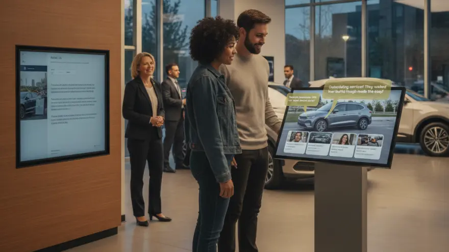 Es Paar staht inere Autousstellig und luegt gmeinsam uf en grosse Touchscreen-Bildschirm.