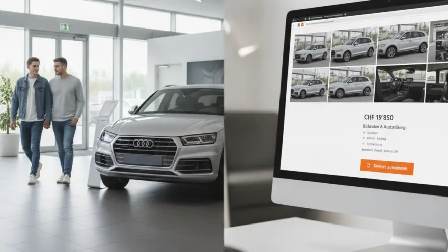 Zwei Männer laufed Hand in Hand dur en helle Showroom mit eme silbrige Auto, näbedra isch en Computerbildschirm mit ere Website für Autoverchauf z gseh.