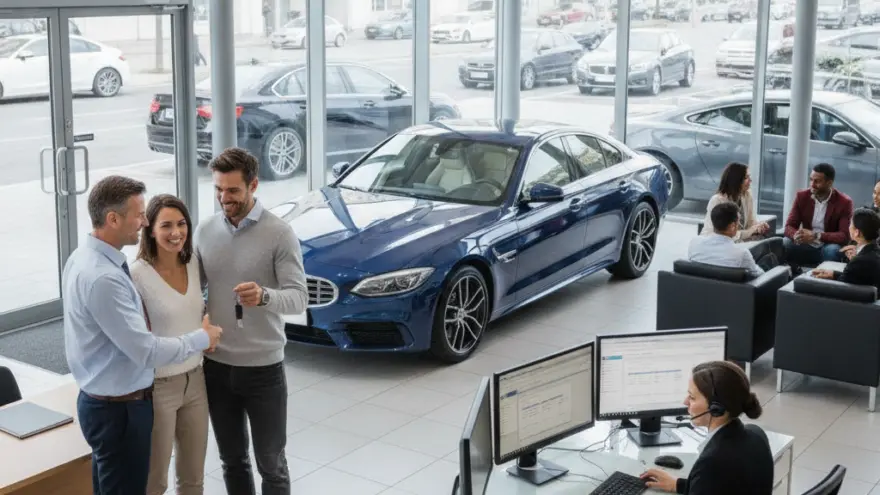 En Verchäufer übergit eme Paar de Autoschlüssel ineme helle Showroom mit Autos und ere Büroastellte am Schriibtisch.