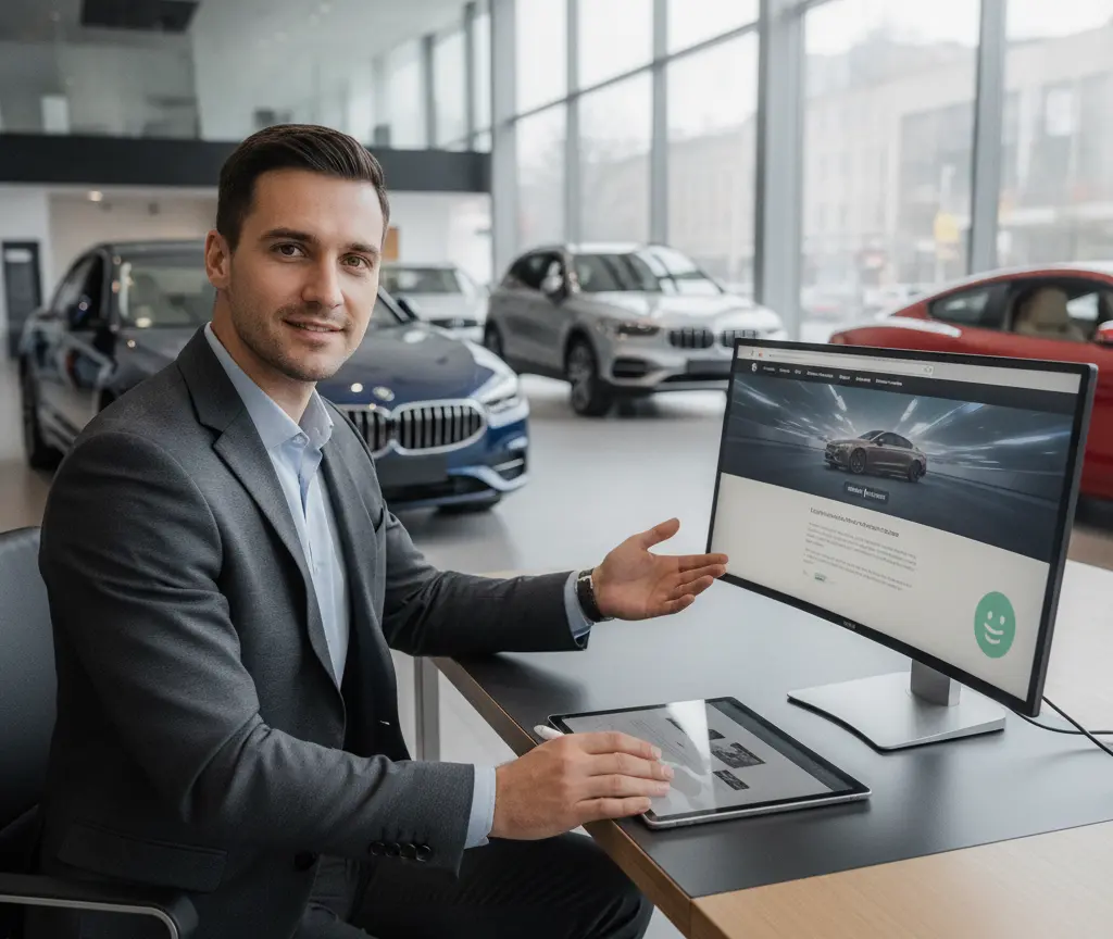 En Verkäufer im graue Azug sitzt am Schriibtisch imne Autohuus und zeigt uf en Bildschirm, während im Hintergrund verschideni Autos stönd.