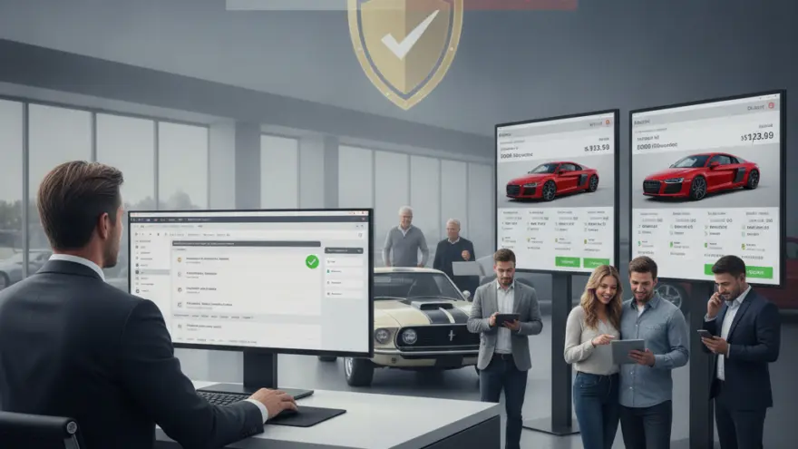 Ein Mann im Anzug sitzt am Schreibtisch vor einem Computerbildschirm in einem Autohaus, während im Hintergrund Kunden und Verkäufer vor großen Displays stehen.
