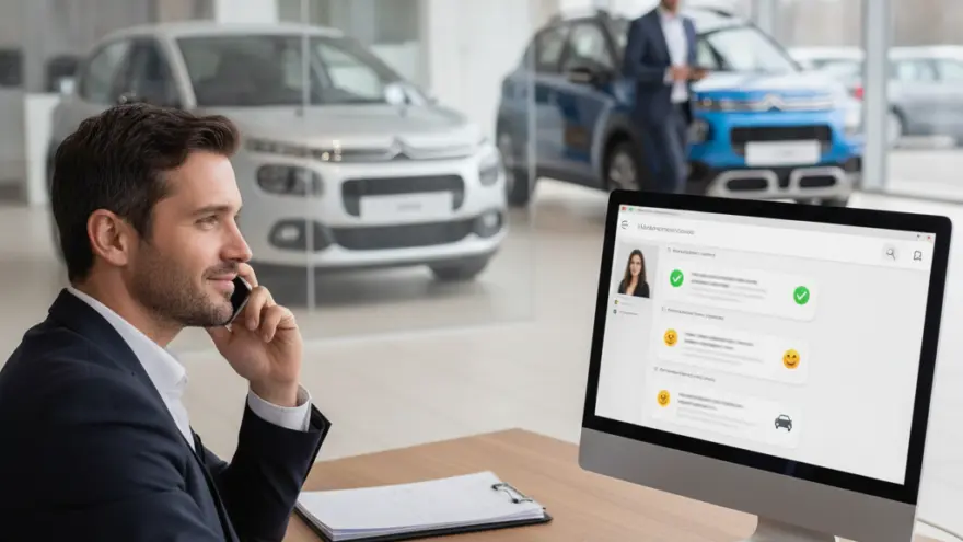 Un homme en costume assis à un bureau parle au téléphone devant un écran d'ordinateur dans une concession automobile.