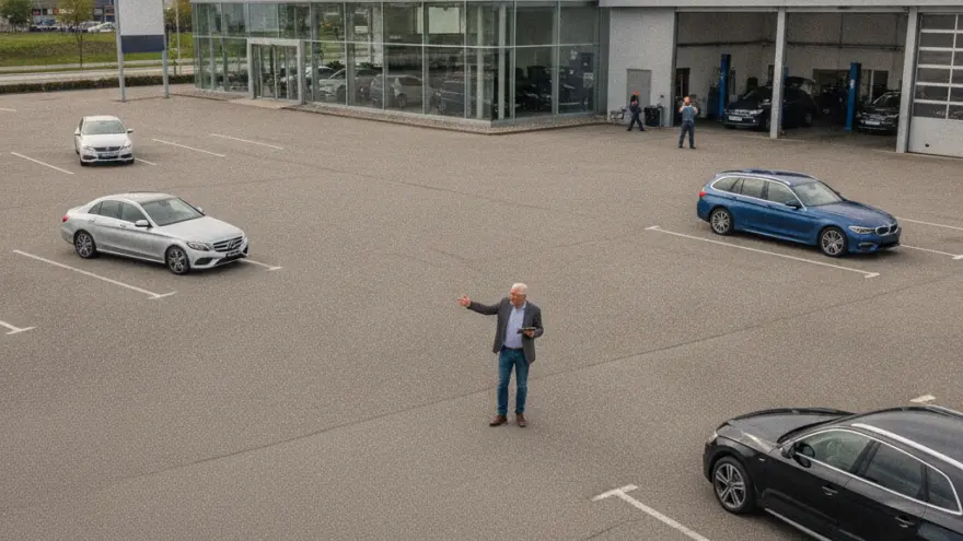 En ältere Maa mit emne Tablet staht uf em Parkplatz vor eme Autohuus mit mehrere parkierte Autos.
