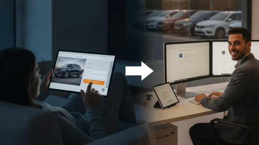 Una imagen dividida que muestra a una mujer en un sofá usando una tableta para ver un automóvil y a un hombre en una oficina trabajando frente a varias pantallas de computadora.