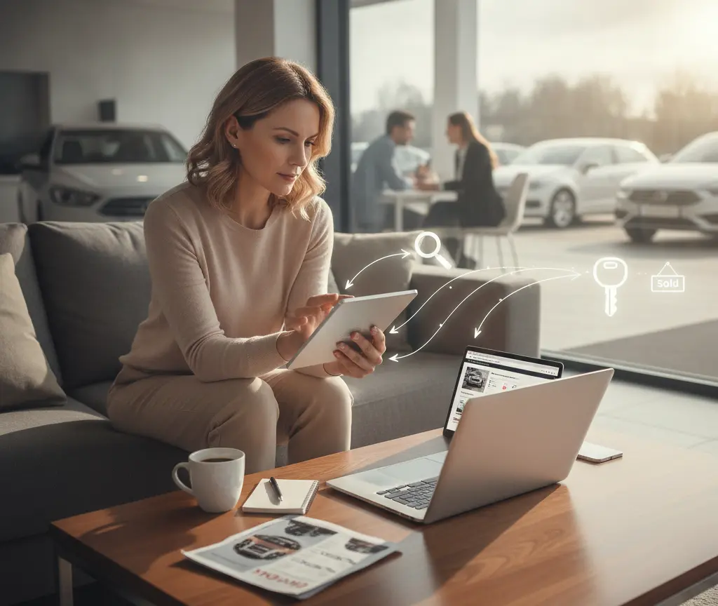 Una mujer sentada en un sofá gris utiliza una tableta digital frente a una mesa de centro con una computadora portátil, una taza de café y un folleto en el interior de un concesionario de autos.