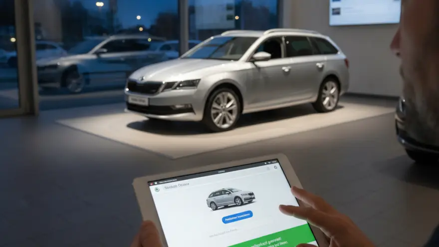 Ein Mann bedient ein Tablet in einem Autohaus, im Hintergrund steht ein silberner Kombi.
