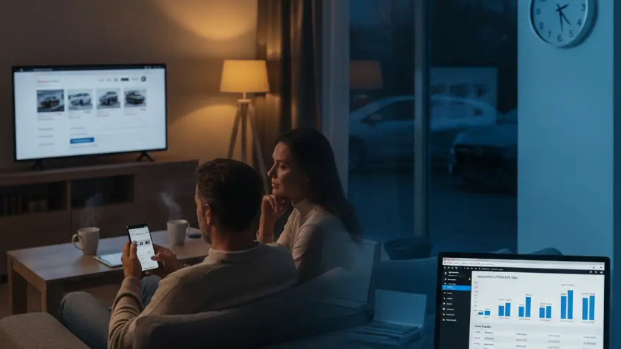 Ein Paar sitzt abends auf dem Sofa und schaut auf ein Smartphone, während im Hintergrund ein Fernseher läuft und im Vordergrund ein Computerbildschirm mit Diagrammen zu sehen ist.