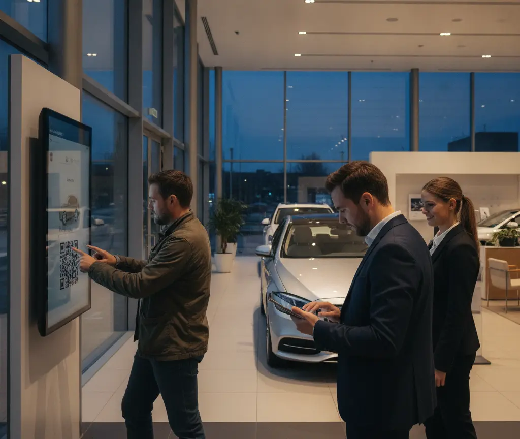 Ein Mann bedient einen großen Touchscreen in einem Autohaus, während ein Verkäufer und eine Verkäuferin mit einem Tablet daneben stehen.