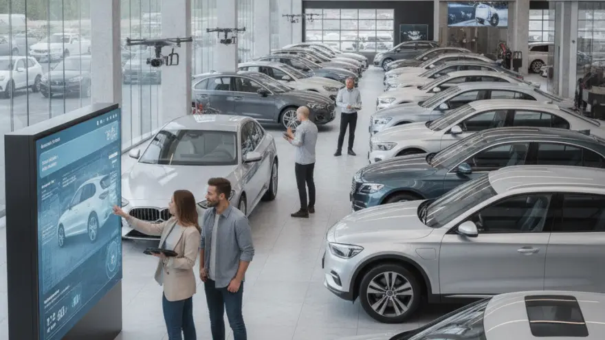 Es Paar staht inere grosse Autohalle vor eme grosse Bildschirm, während im Hintergrund anderi Chunde und Verkäufer zwüschet de usgstellte Auto stönd.