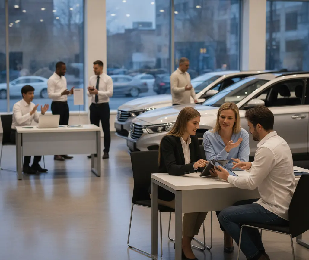 Un grupo de personas sentadas y de pie en un concesionario de coches con varios vehículos de fondo.
