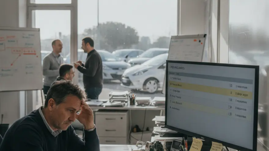 Un uomo seduto alla scrivania di un ufficio guarda un monitor mentre altre persone parlano sullo sfondo vicino a una vetrata con auto parcheggiate all'esterno.