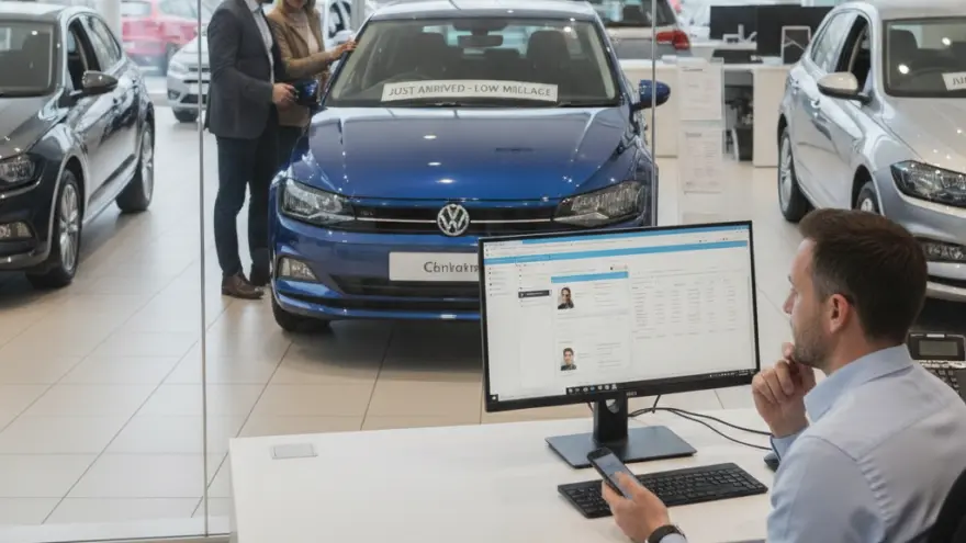Un impiegato seduto alla scrivania guarda un computer in una concessionaria d'auto, mentre sullo sfondo una coppia osserva una vettura blu.