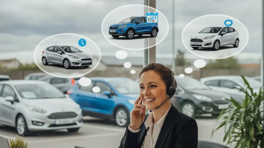 Una mujer con auriculares y tableta sonríe en su escritorio frente a una ventana con autos estacionados y burbujas de pensamiento que muestran diferentes vehículos.