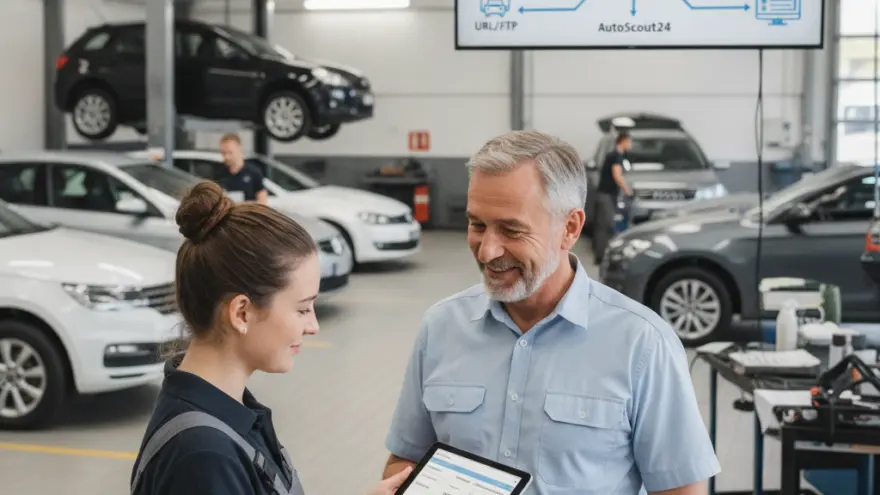 En jungi Frau im Arbeitsgwand zeigt eme ältere Mann inere Autowerkstatt öppis ufeme Tablet.