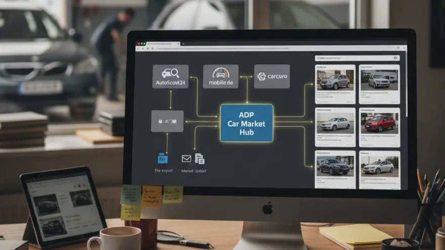 En Computer-Bildschirm uf eme hölzige Schriibtisch zeigt es Diagramm mit Autoverchaufs-Plattforme, umgäh vo Notize, eme Tablet und ere Kaffeetasse.
