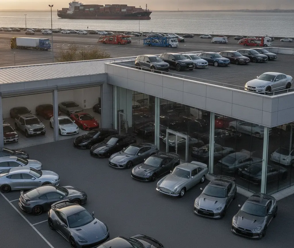 Es Autohuus mit vilne parkierte Auto dussä und im Showroom, im Hindergrund es Containerschiff uf em Meer.