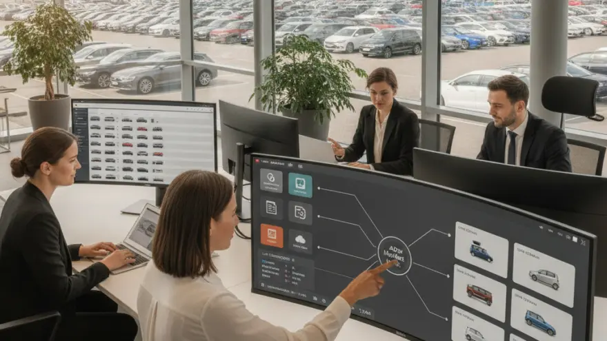 Vier Personen in Business-Kleidung arbeiten an Schreibtischen mit großen Bildschirmen vor einer Fensterfront mit Blick auf einen großen Parkplatz voller Autos.
