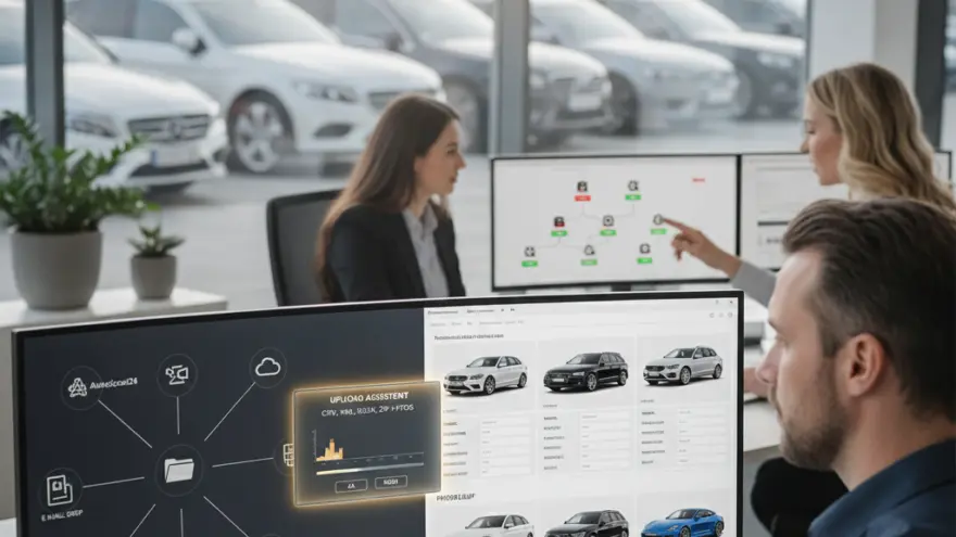 Ein Mann arbeitet an einem großen Monitor mit Fahrzeugdaten, während im Hintergrund zwei Frauen an einem Bildschirm sprechen und draußen Autos parken.
