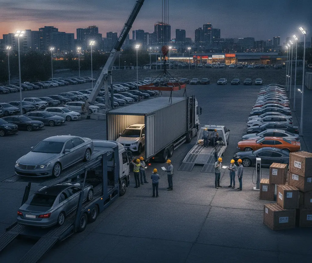 Ein beleuchteter Logistikplatz bei Dämmerung mit Autotransportern, einem Kran, zahlreichen geparkten Fahrzeugen und Arbeitern mit Helmen.