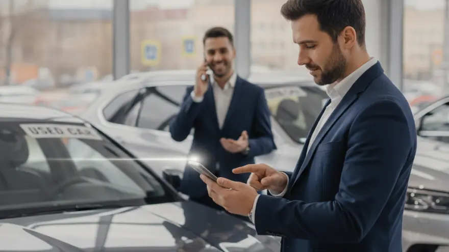 Un uomo in giacca e cravatta usa uno smartphone in un salone automobilistico accanto a un'auto grigia, mentre un altro uomo parla al telefono sullo sfondo.