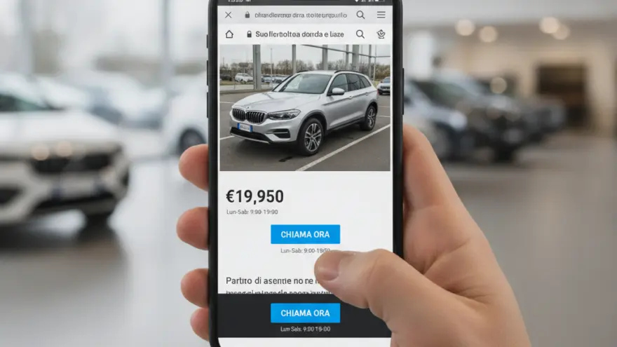Una mano tiene uno smartphone che mostra l'annuncio di un SUV grigio in vendita all'interno di un salone automobilistico sfocato.