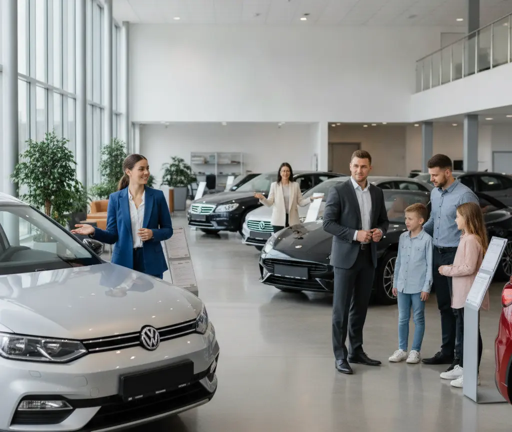 Una venditrice in giacca blu mostra un'auto grigia a una famiglia con due bambini all'interno di un ampio salone automobilistico.