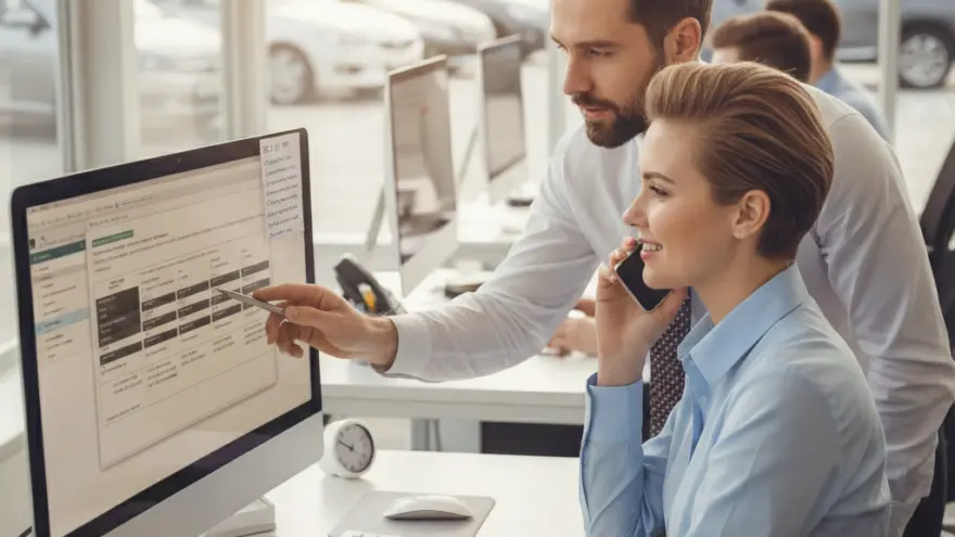 Un uomo e una donna in ufficio guardano lo schermo di un computer mentre lei parla al telefono e lui indica dei dati.