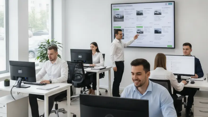 Impiegati lavorano al computer in un ufficio moderno e luminoso, mentre un collega mostra dei dati su un grande schermo a parete.